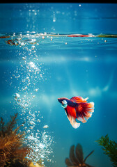 A vibrant betta fish swimming gracefully in a blue aquarium with bubbles and aquatic plants around it
