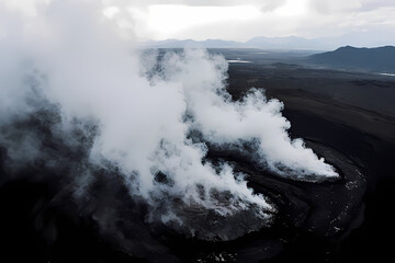 Obraz premium A volcanic landscape with steam rising from the ground