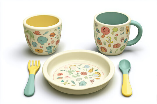 Colorful baby feeding set with cartoon motif, BPA-free plastic, including plate, spoon, fork and cup, isolated on white background