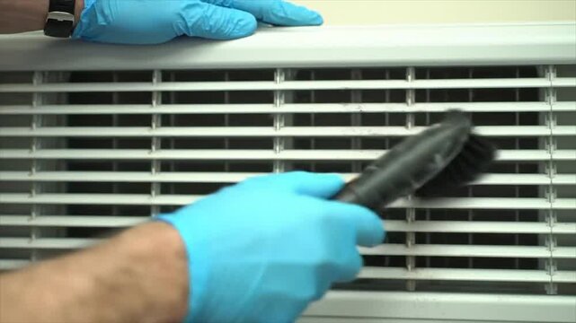 Technician cleaning a hospital air supply vent for better air quality.