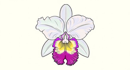 Fototapeta premium An elegant botanical illustration of a blooming Cattleya orchid with white petals and a vibrant purple and yellow lip.