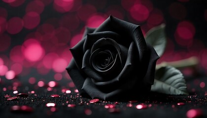 Stunning black rose with elegant dew drops and soft pink bokeh background creates a dramatic romantic mood