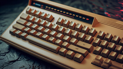 Close-up of a vintage beige Commodore 128 keyboard with retro keys and numeric pad, set against a dark mesh background.