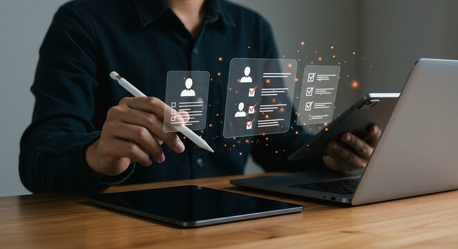 Digital Productivity and Contact Management Concept: Person Using Stylus with Floating Interface Across Laptop, Tablet, and Smartphone in Modern Workspace
