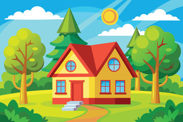 Naklejka premium Charming cartoon house nestled in a sunny green landscape beckons with warmth and cheerfulness, perfect for children's stories, educational materials, and delightful family-friendly designs