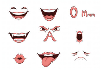 Set of cartoon mouths and facial expressions for character animation. Vector illustration of various emotions like happiness, anger, and sadness.
