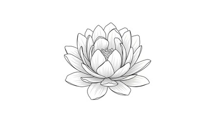 A detailed black and white pencil sketch of a blooming lotus flower, isolated on a clean white background.