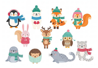 Fototapeta premium A charming collection of cute forest and arctic animals celebrating the winter season in cozy hats and scarves.