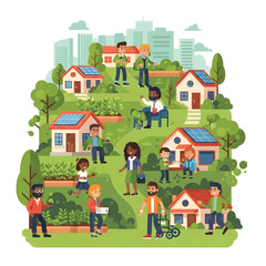 A diverse community of people living and interacting in a sustainable, eco-friendly neighborhood with gardens.