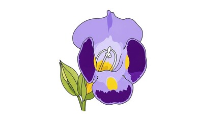A colorful illustration of a purple and yellow Wishbone flower, Torenia fournieri, with green leaves on a white background.
