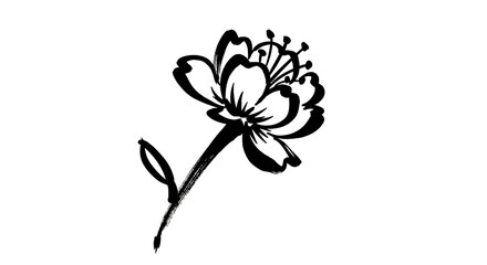 Obraz premium A simple black ink illustration of a single blooming flower with a stem and leaf, drawn in a minimalist brush stroke style.
