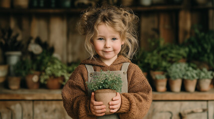 Portrait of a young girl holding a potted plant in a rustic setting