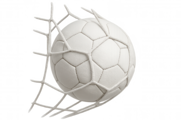 3d rendering of a white soccer ball hitting the net, scoring a goal, with transparent background