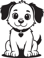 kawaii puppy line sketch vector black and white cute dog sitting with floppy ears eyes heart collar simple clean cartoon
