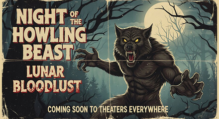 A vintage horror movie poster for 'Night of the Howling Beast' featuring a menacing werewolf under a full moon.