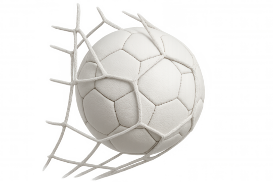 3d rendering of a white soccer ball hitting the net, scoring a goal, with transparent background