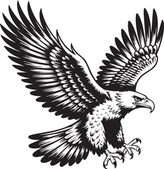 majestic eagle soaring with wide wingspan detailed black plus white vector lineart fierce eyes beak plus gripping talons