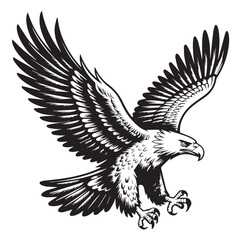 eagle in dynamic flight black and white vector art detailed feathers wingspan intense extended talons symbol of freedom