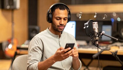 Musician in studio, listening on headphones and using a smartphone, Musical talent in recording studio, engaged with his phone and audio equipment