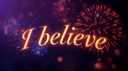 Golden glowing “I Believe” text, floating against a vibrant fireworks-filled night sky with rich colors and dreamy lighting