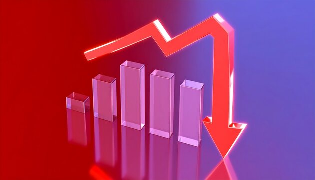 Financial Downturn Displayed with a Graphical Arrow and Bar Chart, Stock Market Decline Represented by a Falling Arrow and Decreasing Bar Graph