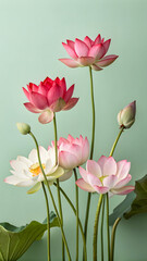 Obraz premium Beautiful pink and white lotus flowers blooming on green background. 