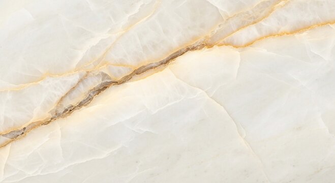 A close-up view of a polished white onyx slab featuring elegant golden and brown mineral veins, creating a luxurious natural pattern.