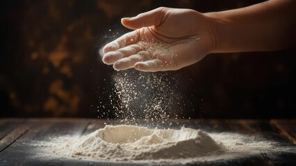 Chefs Hand Sifting Flour with Sparkling Particles on Dark Wooden Table.