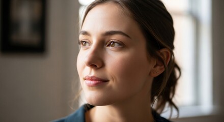 Close-up portrait of a young woman with thoughtful expression looking to the side