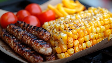 Delicious BBQ Feast Grilled Sausages with Corn, Tomatoes, Fries, and Ready to Eat.