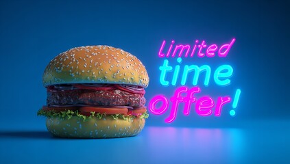 3D Colorful Hamburger with Neon Limited Time Offer! Sign on Blue Background, Promotional and Advertising Concept