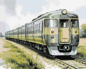 Obraz premium Vintage Passenger Train Illustration – Retro Railway Locomotive in Scenic Landscape