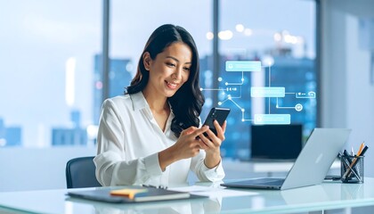 Successful Asian businesswoman in a modern office using a smartphone with a holographic user interface for project management.