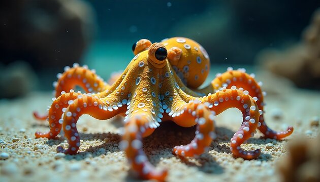 Vibrant orange octopus with white spots crawls on sandy ocean floor, capturing marine wonder