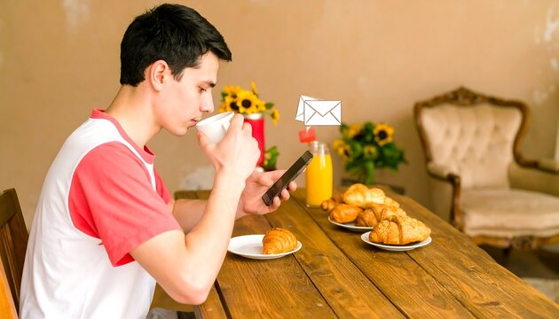 Young man starting his day with coffee, checking for email notifications on his mobile phone while having breakfast.
