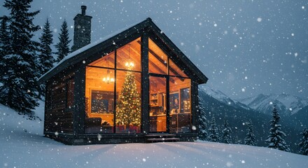 Cozy winter cabin with glowing Christmas tree surrounded by falling snow and evergreen trees