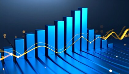 Financial data analysis concept with a glowing blue bar chart showing upward growth and a fluctuating golden trend line on a dark background.