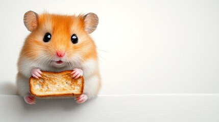 Fototapeta premium Djungarian hamster eagerly holding piece of toasted bread on clean white background, copy space