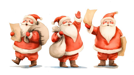 Watercolor Santa Claus illustrations on transparent background, festive poses with gift sack and paper, perfect for Christmas design and commercial use.