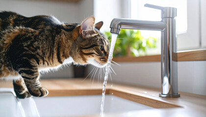 Curious cat leans over kitchen sink, drinking from flowing faucet. scene captures playful nature of pet, with sunlight illuminating space and greenery in background