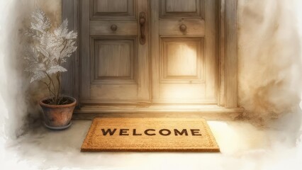 Warm Welcome: Sunlit Doorway with Welcome Mat and Potted Plant