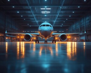 A serene airport hangar glowing with safety gear ensuring the proper maintenance of aircraft machinery