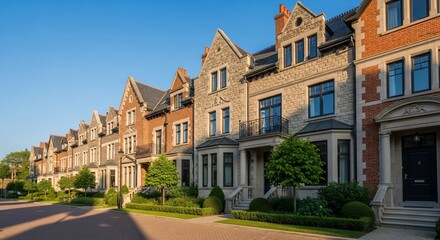 Elegant Row Houses with Stone and Brick Facades Under a Clear Blue Sky