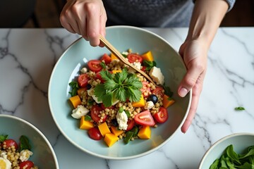 A food stylist assembling a colorful salad on marble countertop, overhead angle, natural light, editorial aesthetic