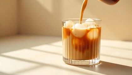 Pouring creamy iced coffee into a fluted glass with ice, catching warm sunlight.