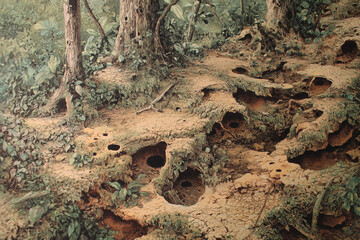 Obraz premium Natural ant nest in the ground with small holes