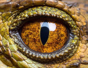 Fototapeta premium Intense amber eye of a reptile with textured scales and a vertical pupil, macro shot
