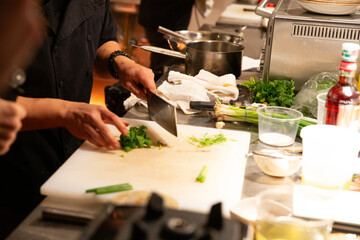 chef prepares food in busy kitchen