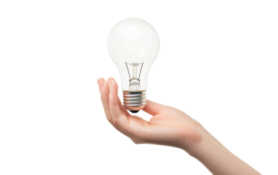 A hand holding a light bulb symbol on white background,png