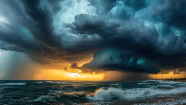 Dramatic Coastal Storm at Sunset with Golden Light and Crashing Waves Under a Turbulent Sky